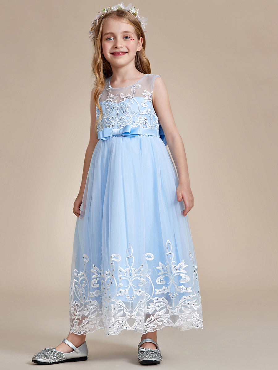 Robe Enfant d'Honneur Princesse en Tulle Aappliques délicates nœud papillon #couleur_Bleu Glace