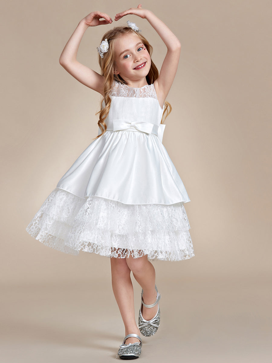 Robe Enfant d'Honneur Princesse mignonne multi-couches de dentelle et nœud papillon #couleur_Charbon Robe Enfant d'Honneur Princesse mignonne multi-couches de dentelle et nœud papillon