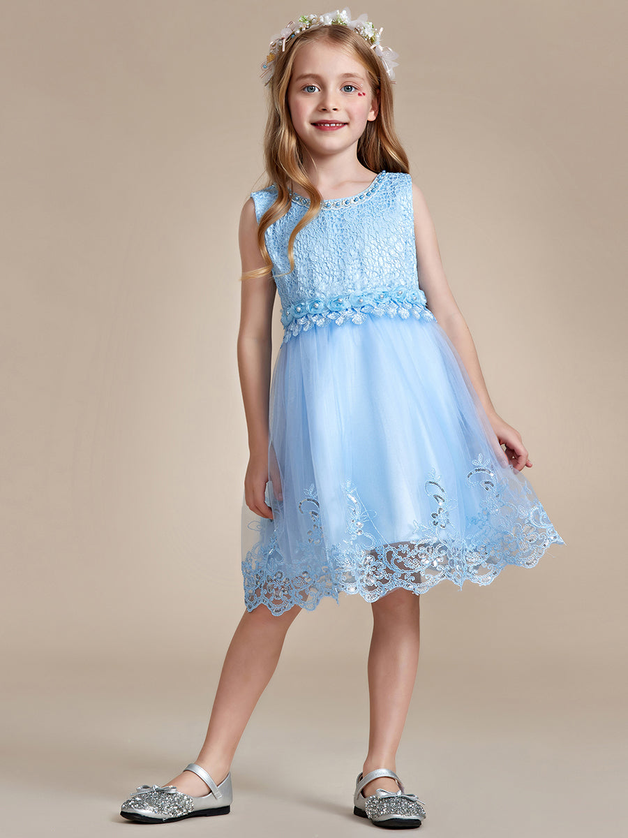Robe Enfant d'Honneur sans Manches avec Applique en Dentelle et Nœud dans le Dos #Couleur_Bleu Ciel