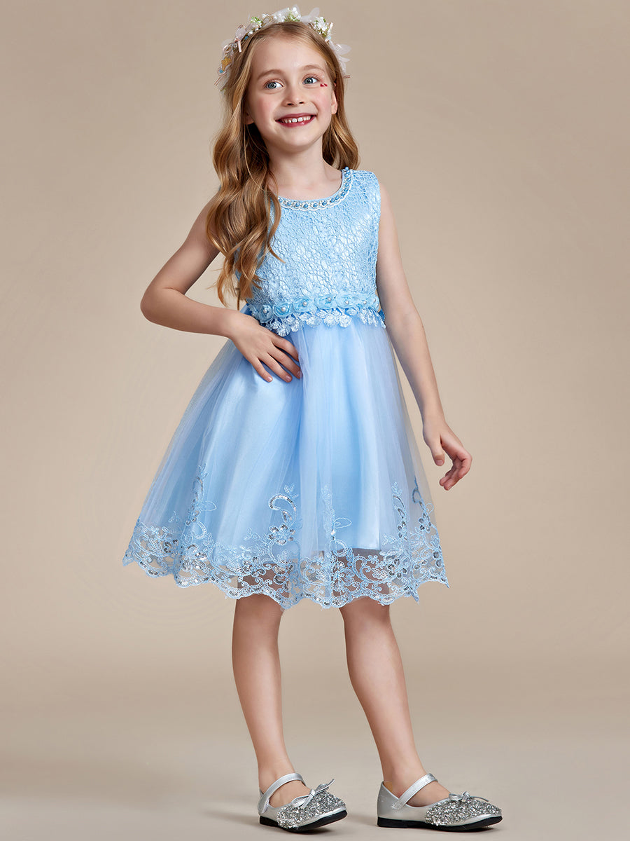 Robe Enfant d'Honneur sans Manches avec Applique en Dentelle et Nœud dans le Dos #Couleur_Bleu Ciel
