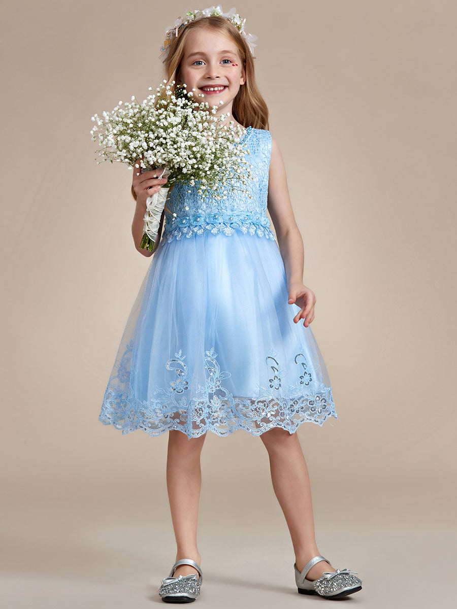 Robe Enfant d'Honneur sans Manches avec Applique en Dentelle et Nœud dans le Dos #Couleur_Bleu Ciel Robe Enfant d'Honneur sans Manches avec Applique en Dentelle et Nœud dans le Dos