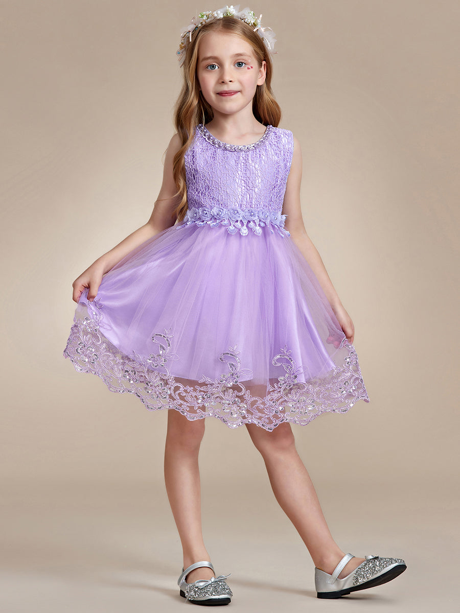 Robe Enfant d'Honneur sans Manches avec Applique en Dentelle et Nœud dans le Dos #Couleur_Violet Fonce