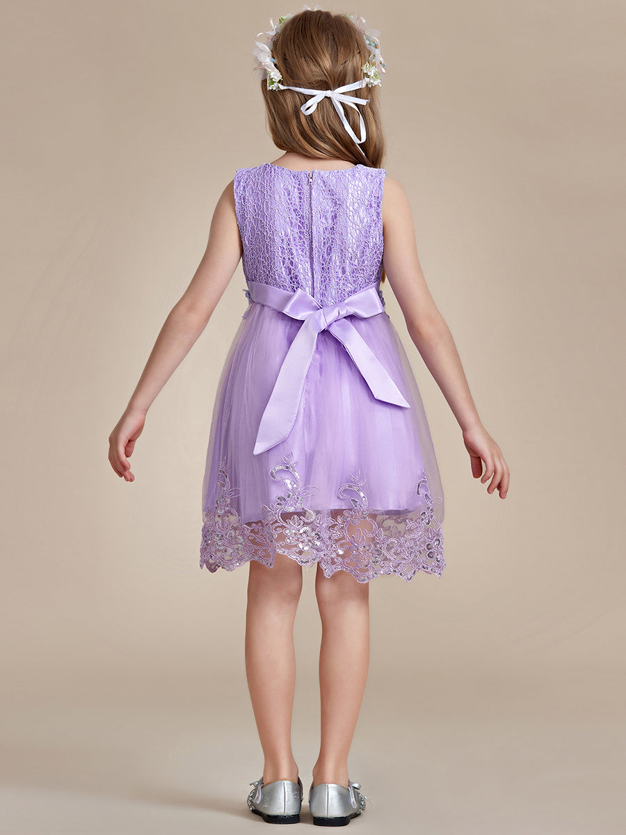 Robe Enfant d'Honneur sans Manches avec Applique en Dentelle et Nœud dans le Dos #Couleur_Violet Fonce