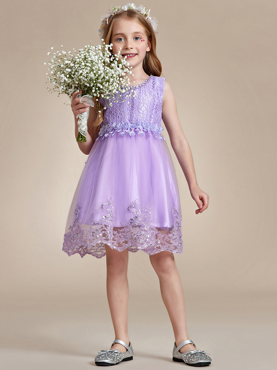 Robe Enfant d'Honneur sans Manches avec Applique en Dentelle et Nœud dans le Dos #Couleur_Violet Fonce