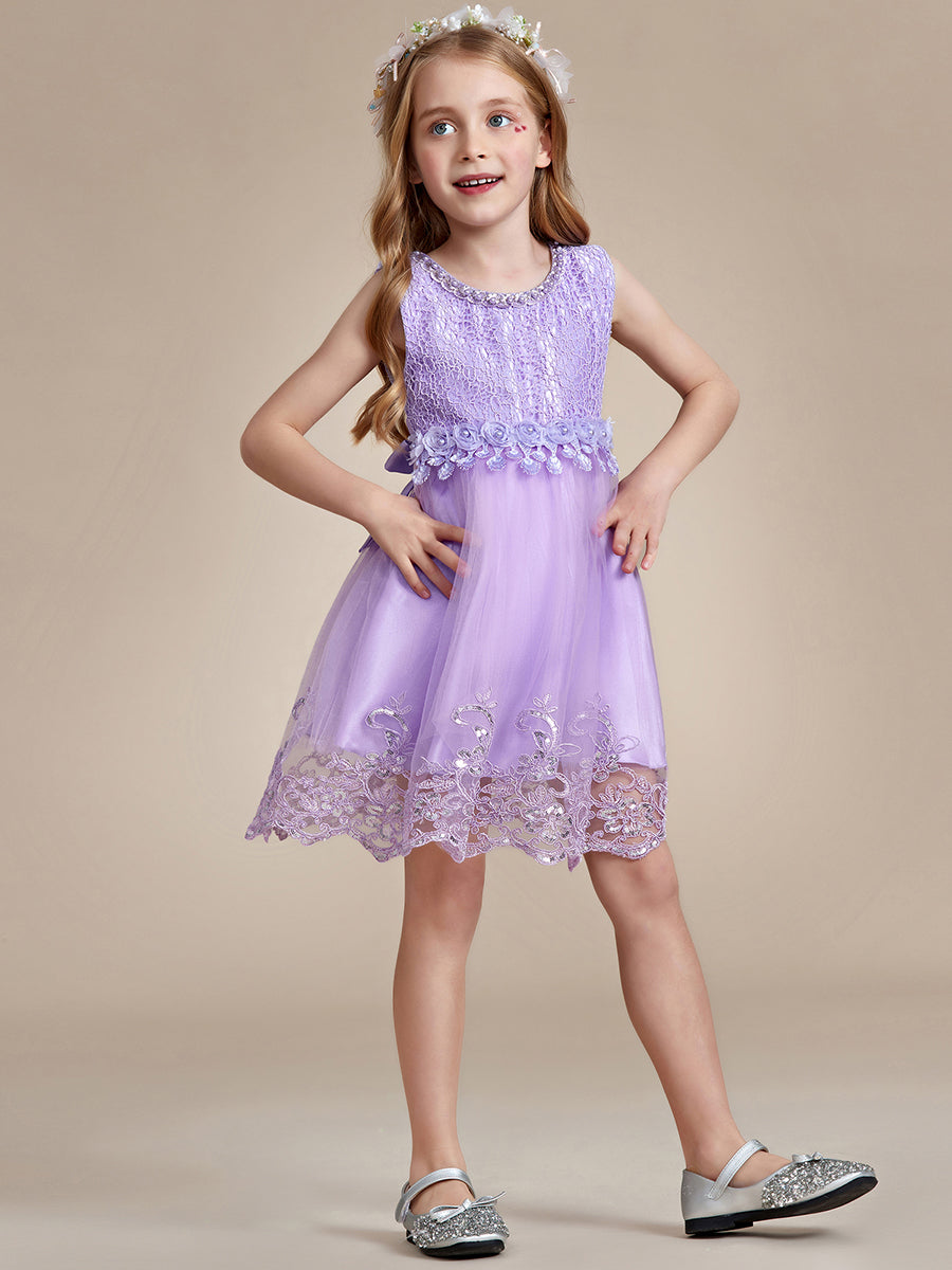 Robe Enfant d'Honneur sans Manches avec Applique en Dentelle et Nœud dans le Dos #Couleur_Violet Fonce