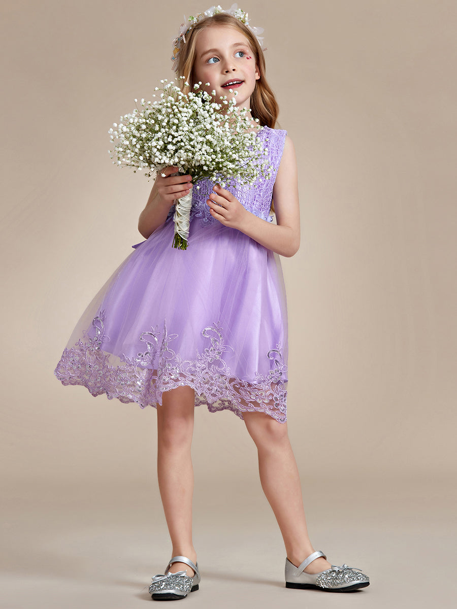 Robe Enfant d'Honneur sans Manches avec Applique en Dentelle et Nœud dans le Dos #Couleur_Bleu Ciel Robe Enfant d'Honneur sans Manches avec Applique en Dentelle et Nœud dans le Dos