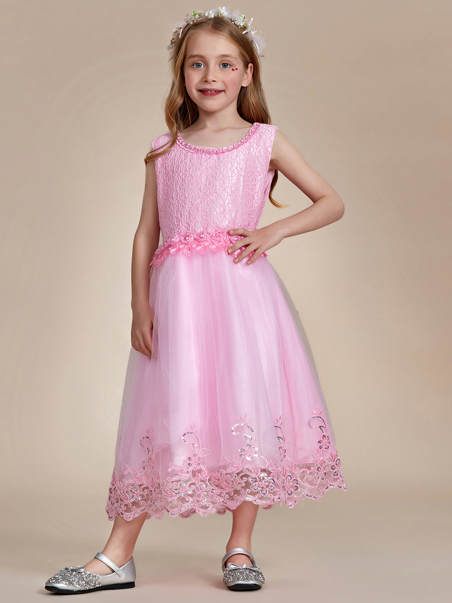 Robe Enfant d'Honneur sans Manches avec Applique en Dentelle et Nœud dans le Dos #Couleur_Rose
