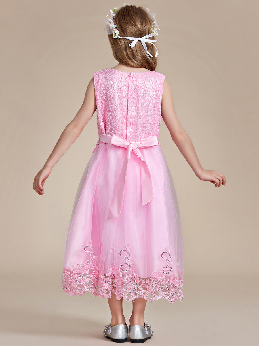 Robe Enfant d'Honneur sans Manches avec Applique en Dentelle et Nœud dans le Dos #Couleur_Rose