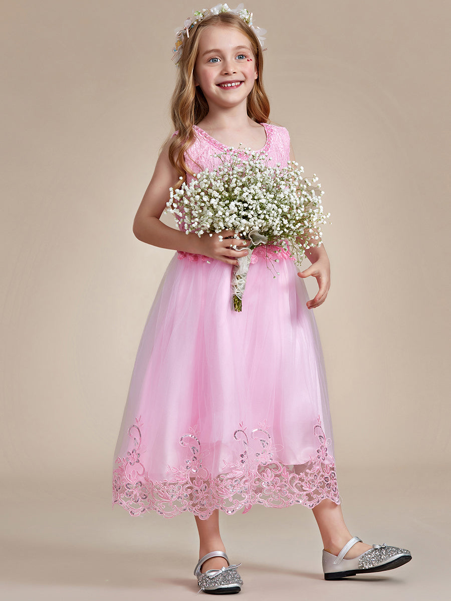 Robe Enfant d'Honneur sans Manches avec Applique en Dentelle et Nœud dans le Dos #Couleur_Rose