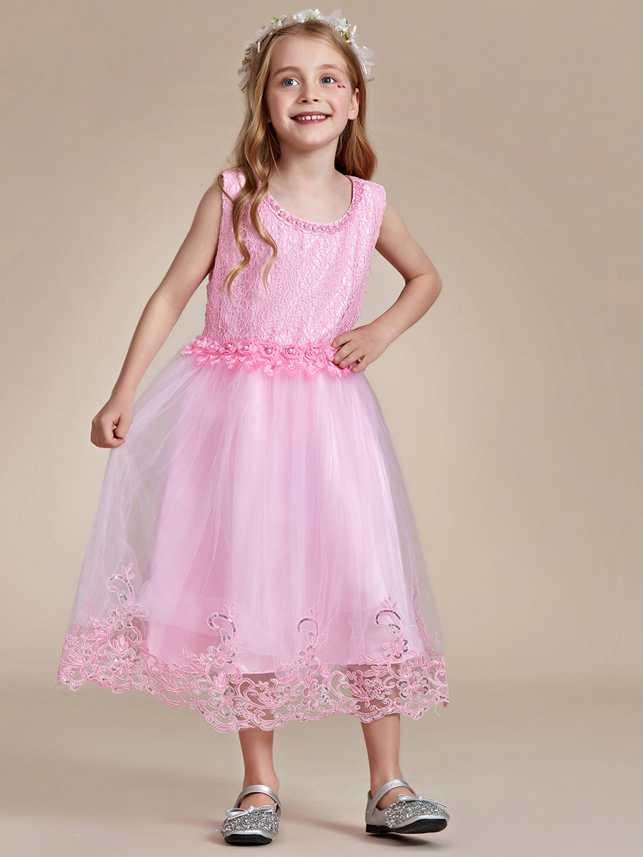 Robe Enfant d'Honneur sans Manches avec Applique en Dentelle et Nœud dans le Dos #Couleur_Rose