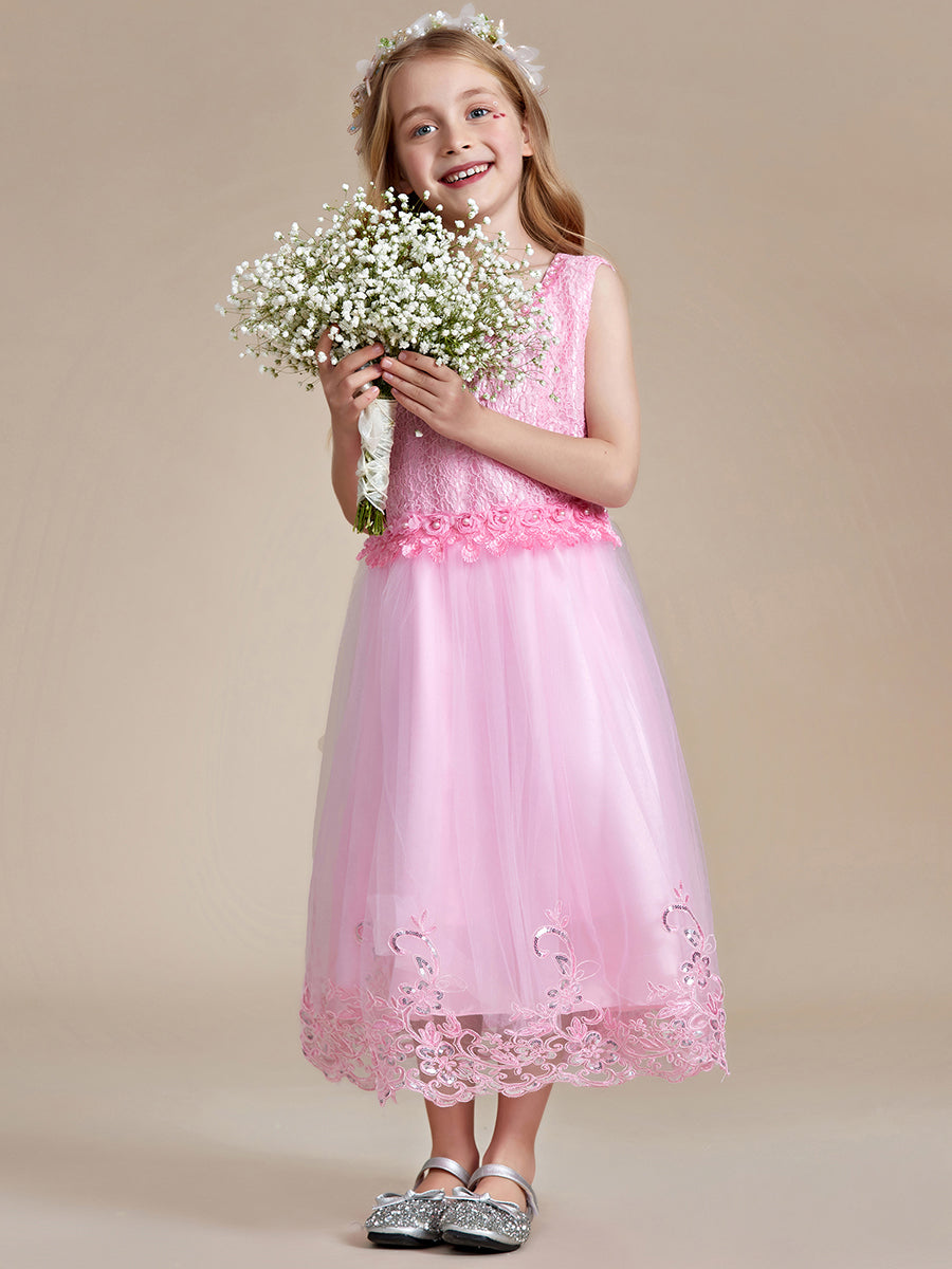 Robe Enfant d'Honneur sans Manches avec Applique en Dentelle et Nœud dans le Dos #Couleur_Rose