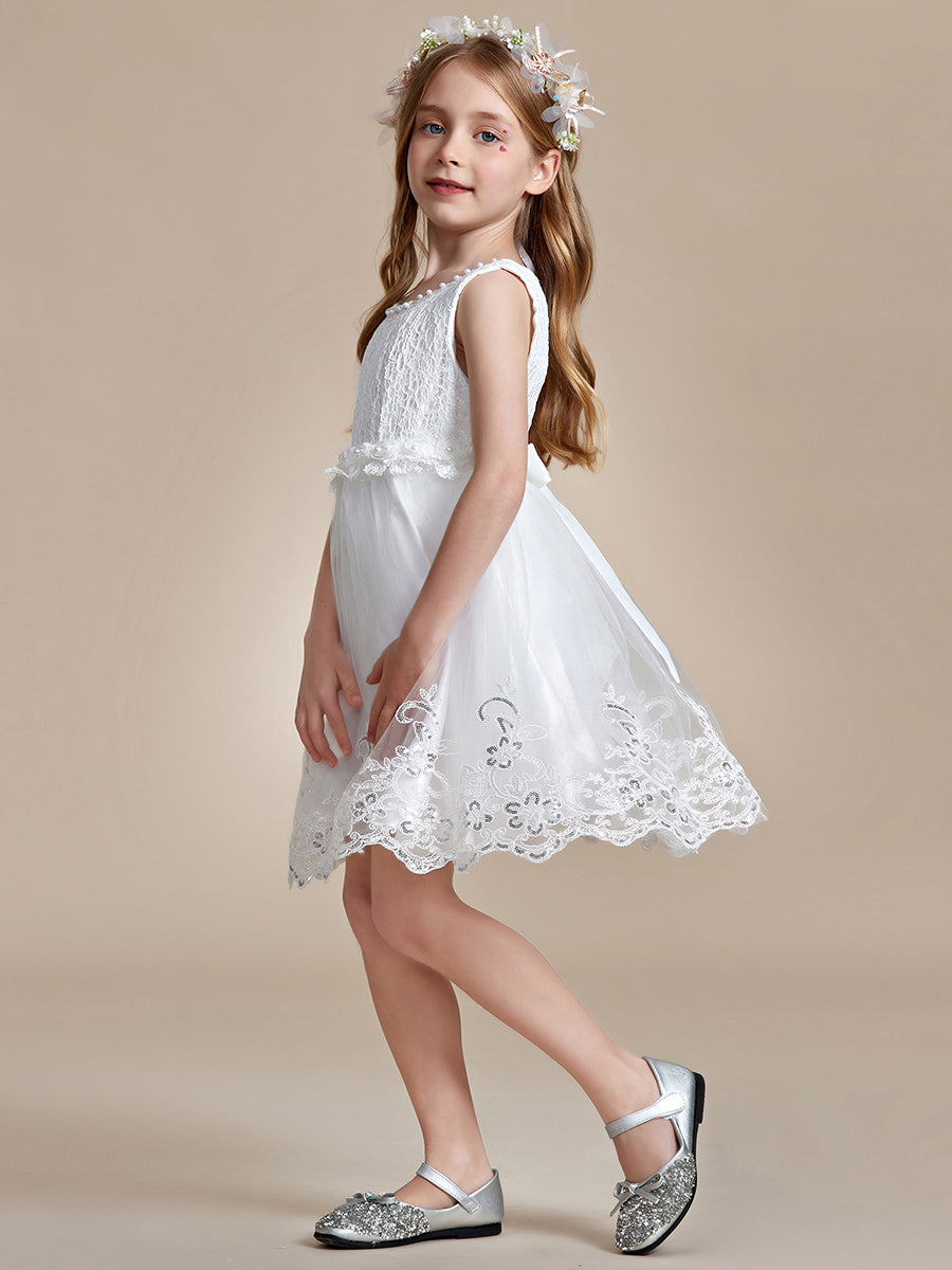 Robe Enfant d'Honneur sans Manches avec Applique en Dentelle et Nœud dans le Dos #Couleur_Bleu Ciel Robe Enfant d'Honneur sans Manches avec Applique en Dentelle et Nœud dans le Dos