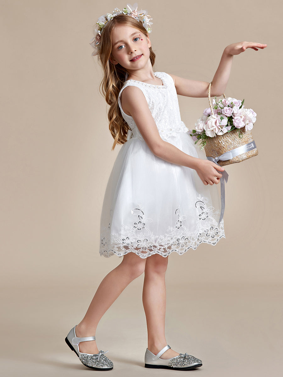 Robe Enfant d'Honneur sans Manches avec Applique en Dentelle et Nœud dans le Dos #Couleur_Blanc