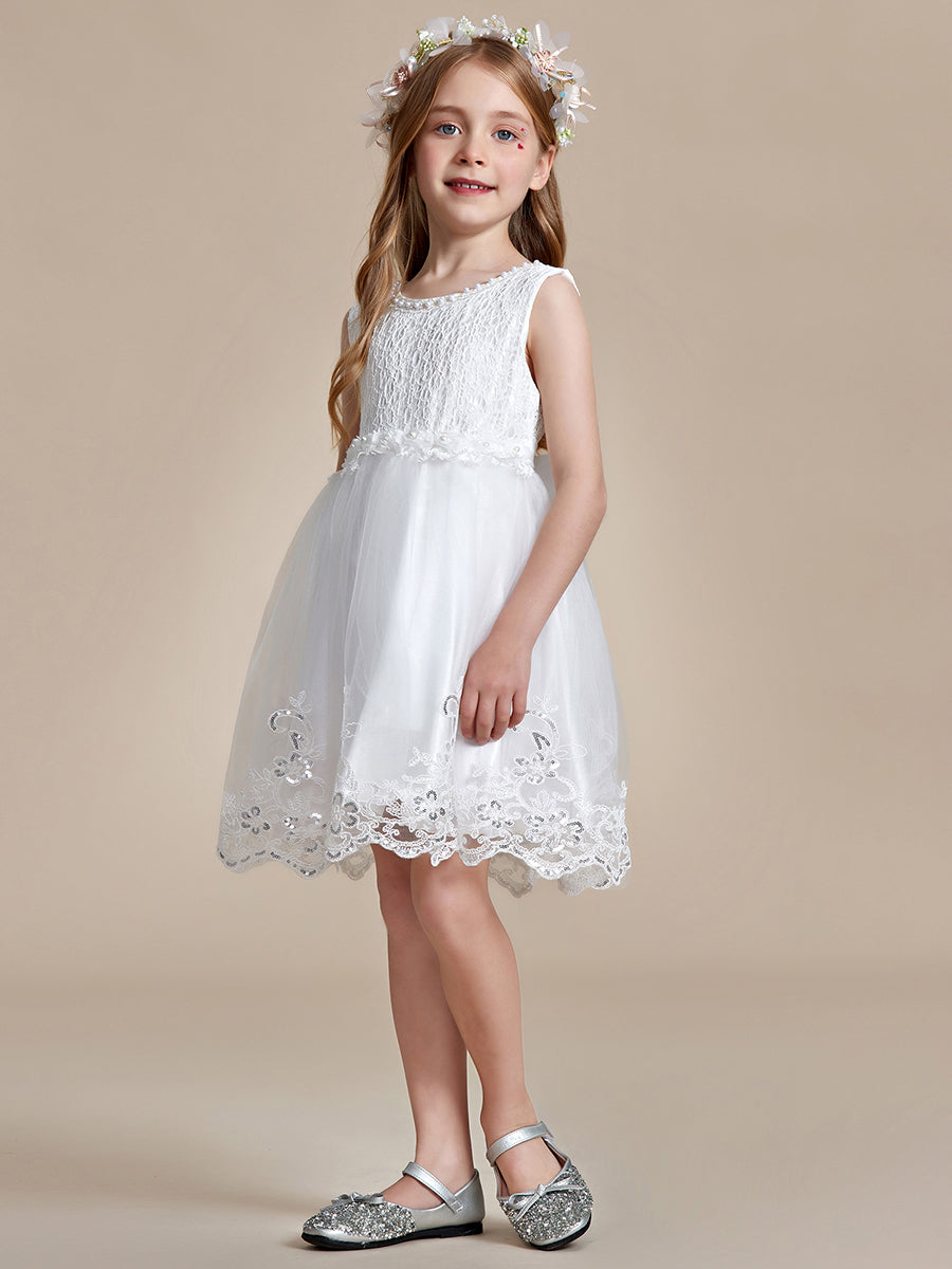 Robe Enfant d'Honneur sans Manches avec Applique en Dentelle et Nœud dans le Dos #Couleur_Bleu Ciel Robe Enfant d'Honneur sans Manches avec Applique en Dentelle et Nœud dans le Dos