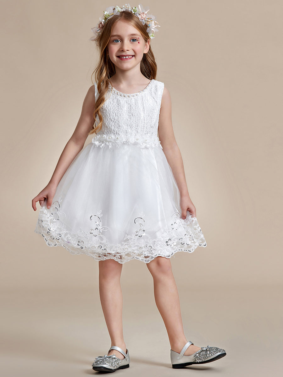 Robe Enfant d'Honneur sans Manches avec Applique en Dentelle et Nœud dans le Dos #Couleur_Blanc
