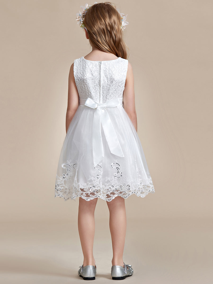Robe Enfant d'Honneur sans Manches avec Applique en Dentelle et Nœud dans le Dos #Couleur_Blanc