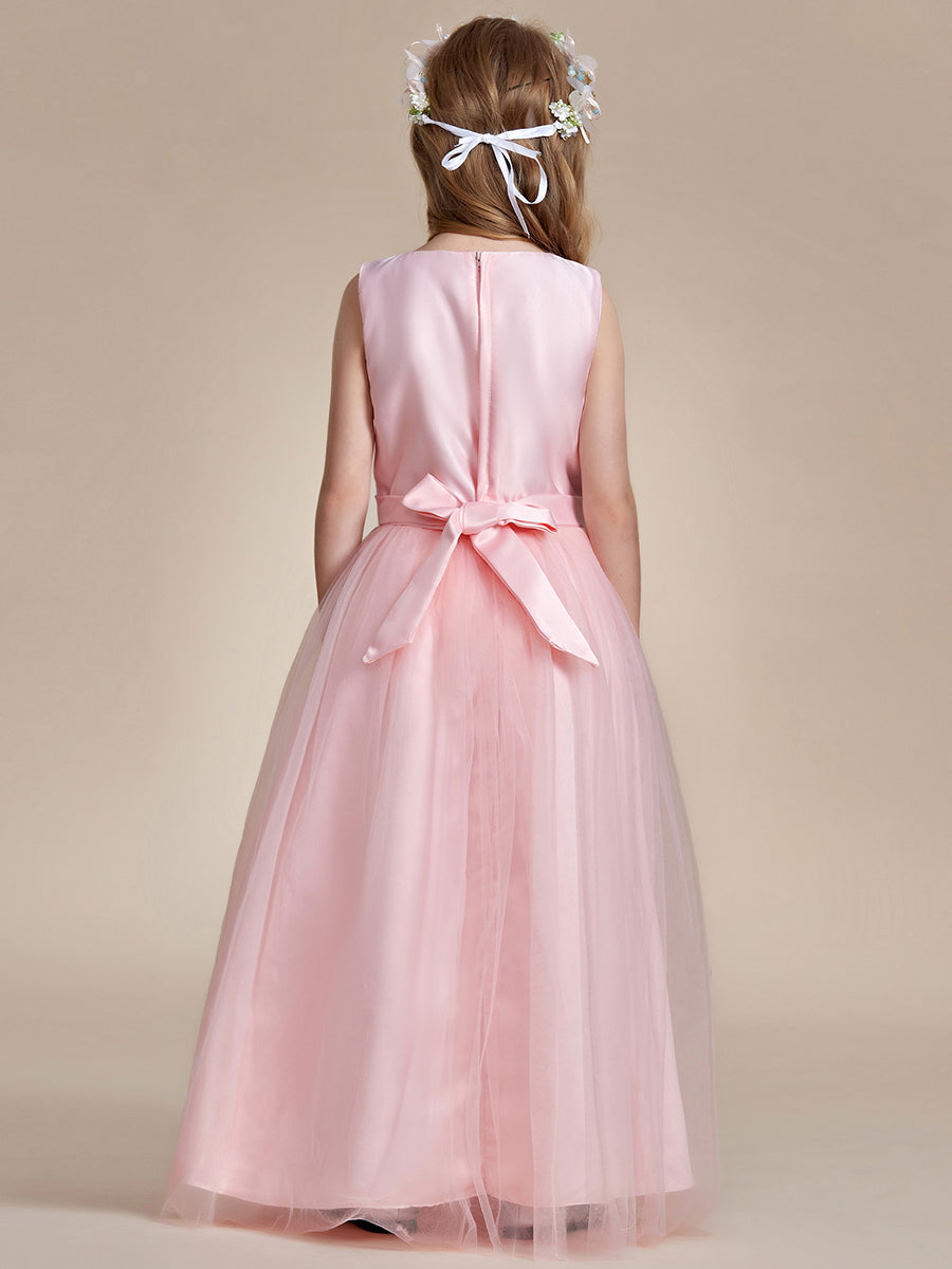 Robe Enfant d'Honneur Princesse en Tulle Floral avec Applique et Dos en Satin #Couleur_Rose Robe Enfant d'Honneur Princesse en Tulle Floral avec Applique et Dos en Satin