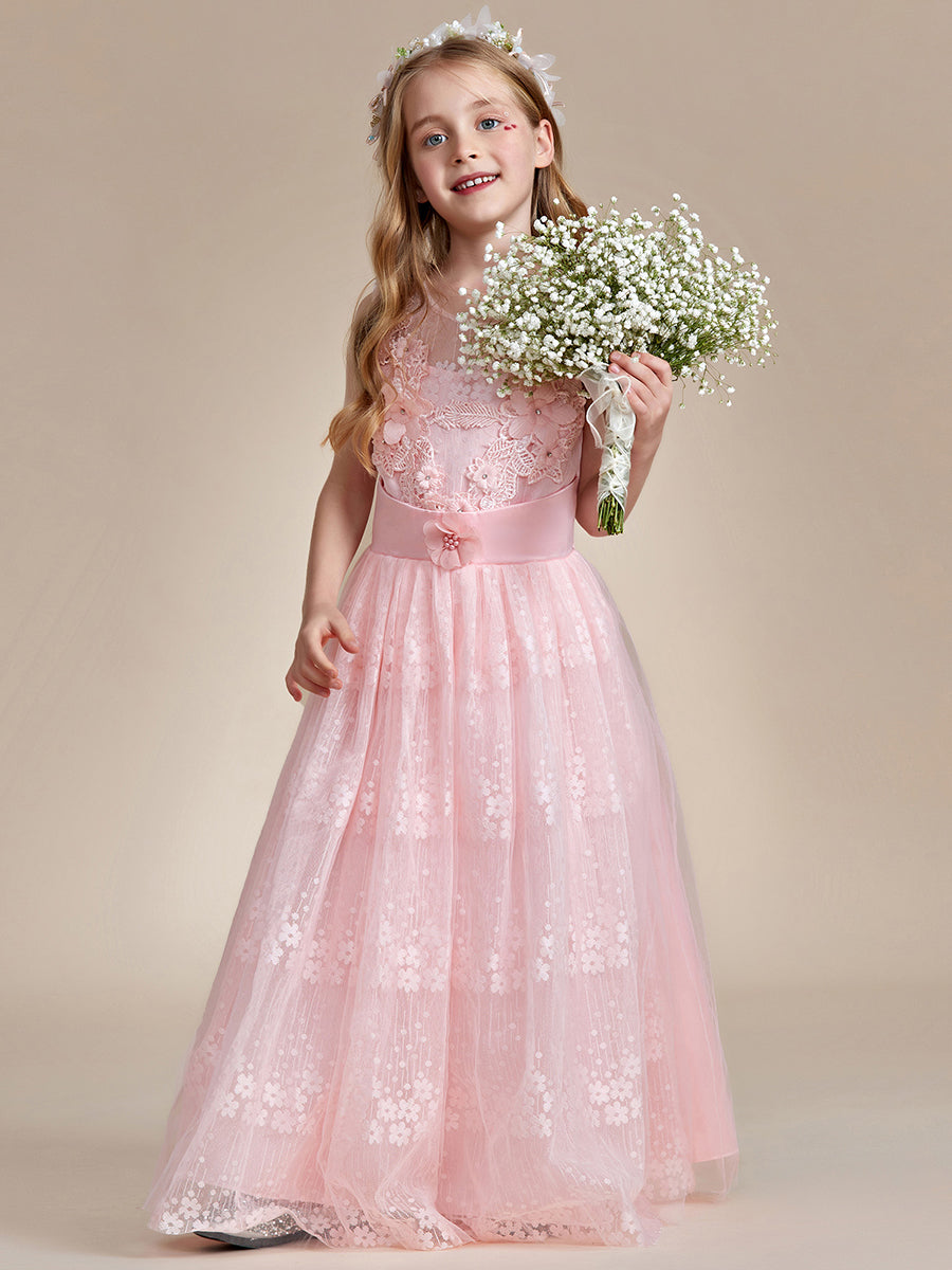 Robe Enfant d'Honneur Princesse en Tulle Floral avec Applique et Dos en Satin #Couleur_Rose Robe Enfant d'Honneur Princesse en Tulle Floral avec Applique et Dos en Satin