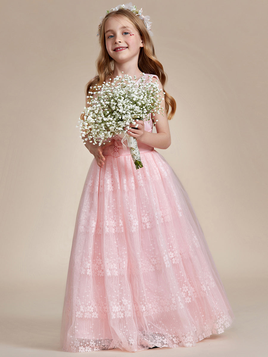 Robe Enfant d'Honneur Princesse en Tulle Floral avec Applique et Dos en Satin #Couleur_Rose Robe Enfant d'Honneur Princesse en Tulle Floral avec Applique et Dos en Satin