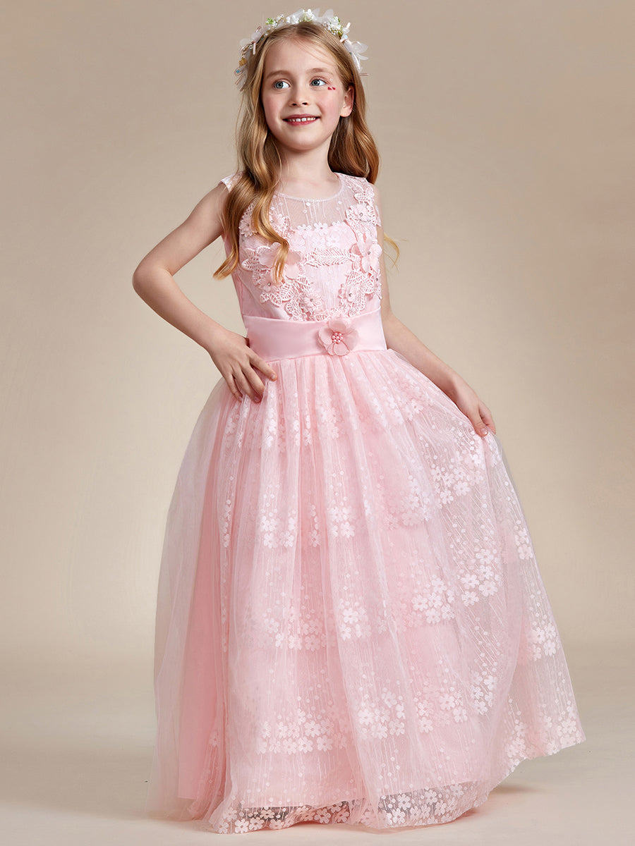Robe Enfant d'Honneur Princesse en Tulle Floral avec Applique et Dos en Satin #Couleur_Rose Robe Enfant d'Honneur Princesse en Tulle Floral avec Applique et Dos en Satin