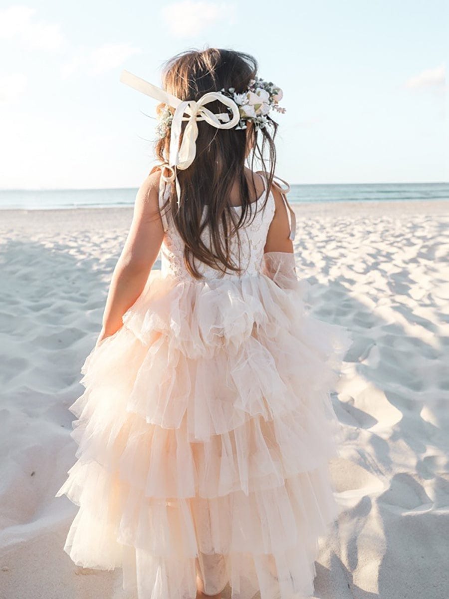 Robe Enfant d'Honneur en Tulle Multi-Couches avec Bretelles fines #Couleur_Blanc Robe Enfant d'Honneur en Tulle Multi-Couches avec Bretelles fines
