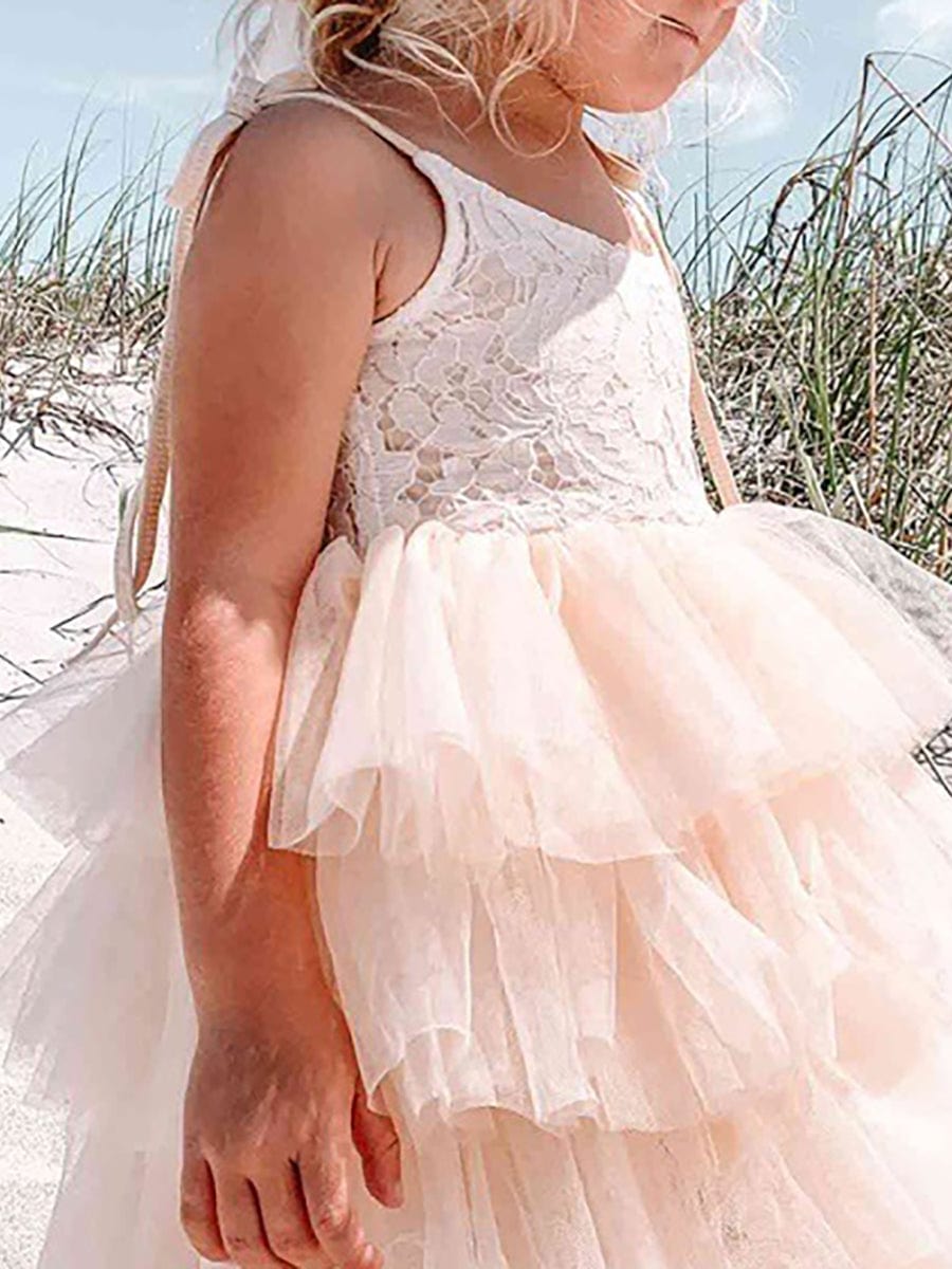 Robe Enfant d'Honneur en Tulle Multi-Couches avec Bretelles fines #Couleur_Blanc Robe Enfant d'Honneur en Tulle Multi-Couches avec Bretelles fines