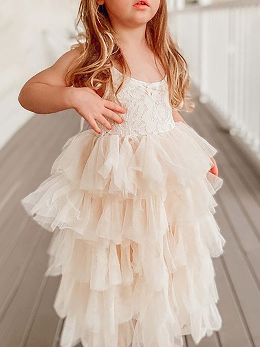 Robe Enfant d'Honneur en Tulle Multi-Couches avec Bretelles fines #Couleur_Blanc Robe Enfant d'Honneur en Tulle Multi-Couches avec Bretelles fines