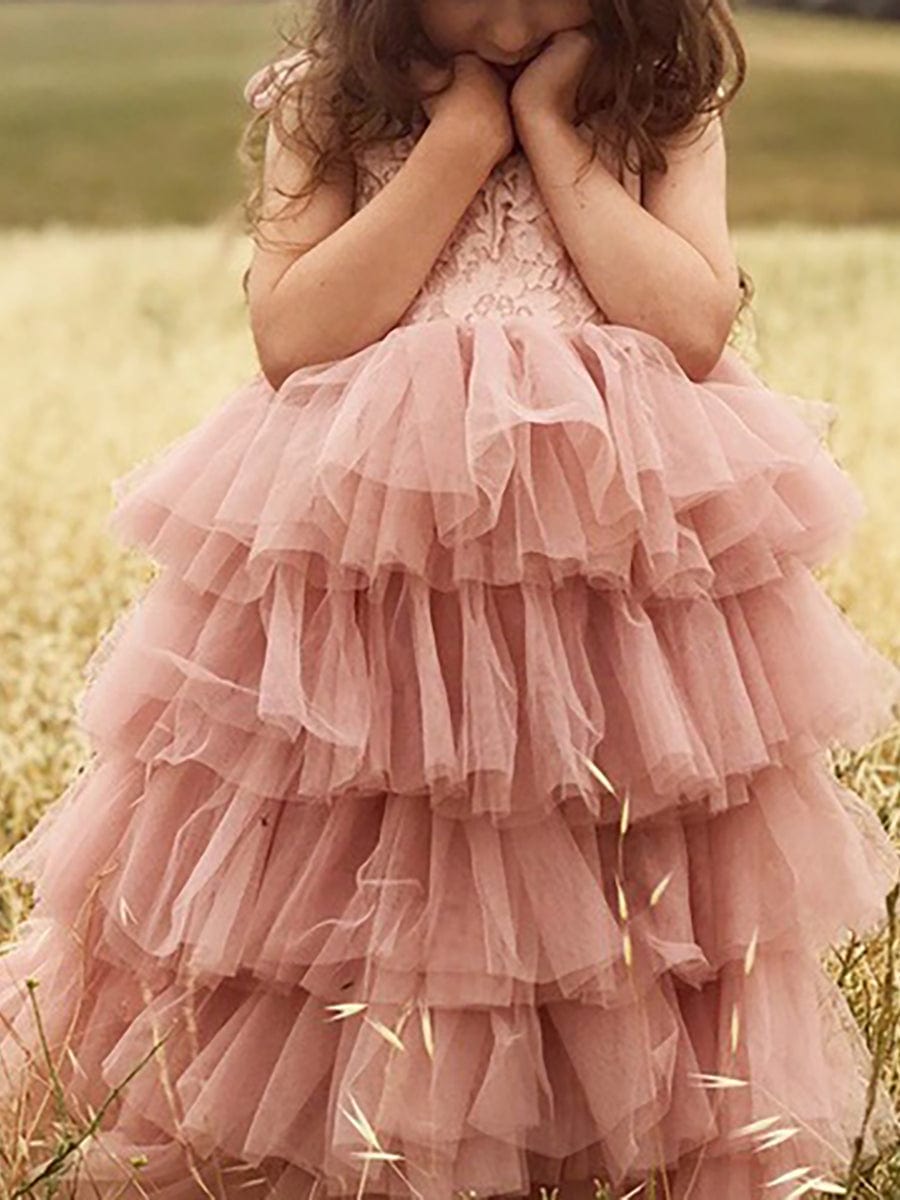 Robe Enfant d'Honneur en Tulle Multi-Couches avec Bretelles fines #Couleur_Rose