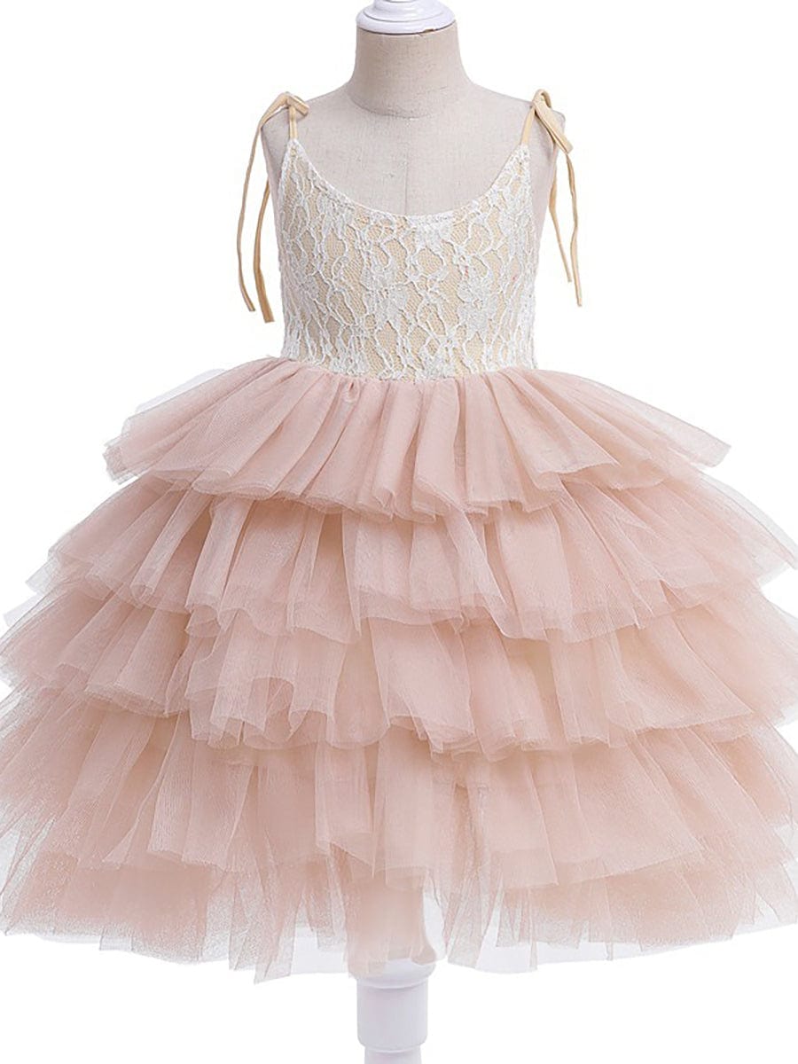 Robe Enfant d'Honneur en Tulle Multi-Couches avec Bretelles fines #Couleur_Rose