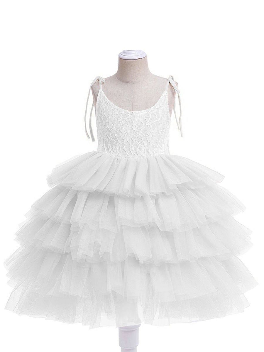 Robe Enfant d'Honneur en Tulle Multi-Couches avec Bretelles fines #Couleur_Blanc
