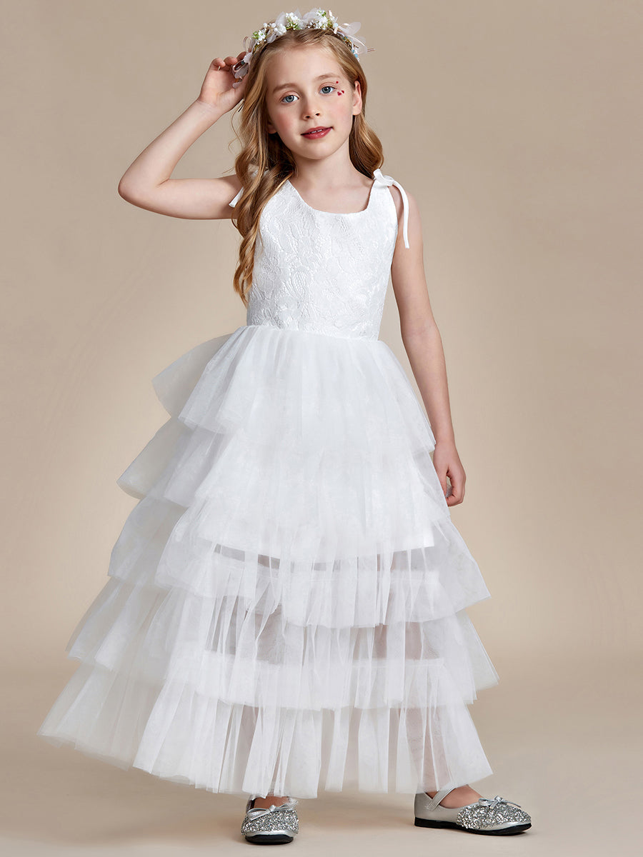 Robe Enfant d'Honneur en Tulle Multi-Couches avec Bretelles fines #Couleur_Blanc