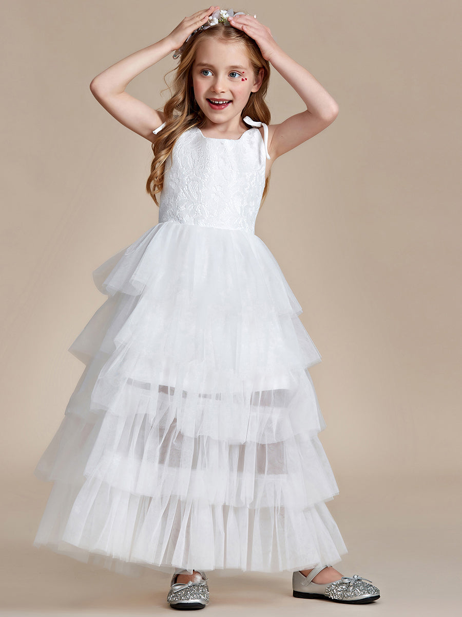 Robe Enfant d'Honneur en Tulle Multi-Couches avec Bretelles fines #Couleur_Blanc Robe Enfant d'Honneur en Tulle Multi-Couches avec Bretelles fines
