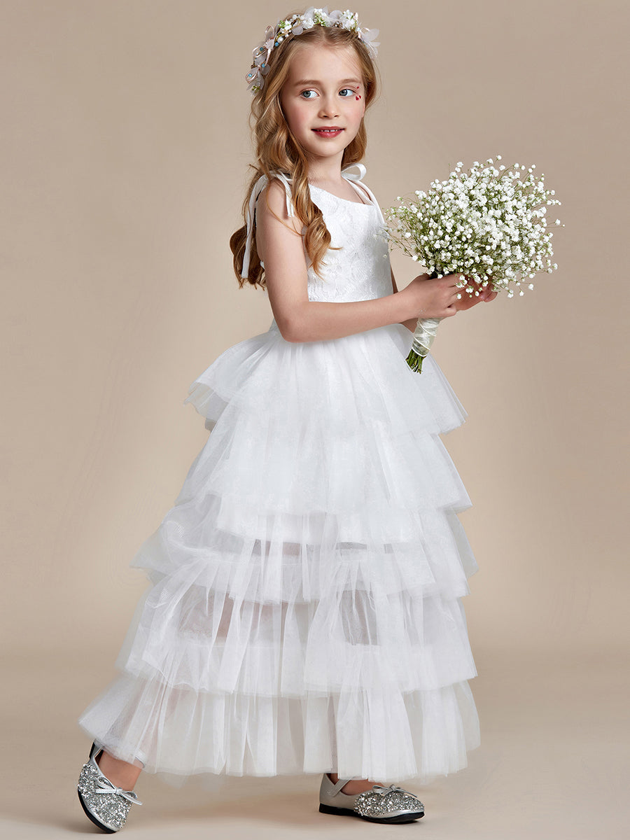 Robe Enfant d'Honneur en Tulle Multi-Couches avec Bretelles fines #Couleur_Blanc Robe Enfant d'Honneur en Tulle Multi-Couches avec Bretelles fines