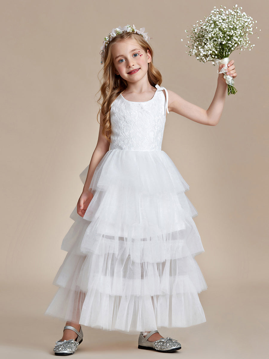 Robe Enfant d'Honneur en Tulle Multi-Couches avec Bretelles fines #Couleur_Blanc