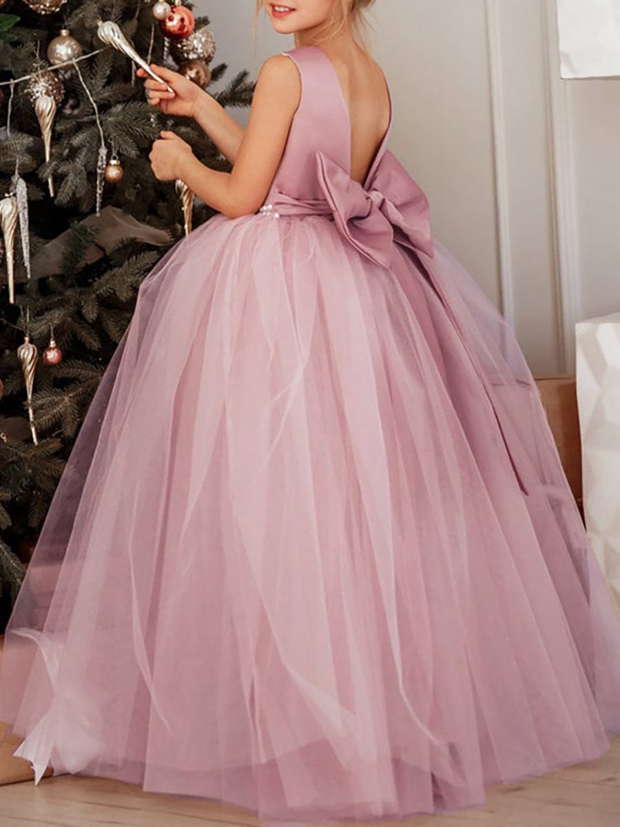 Robe Enfant d'Honneur en Satin avec Tulle Brodé et Nœud dans le Dos #Couleur_Rose corail Robe Enfant d'Honneur en Satin avec Tulle Brodé et Nœud dans le Dos
