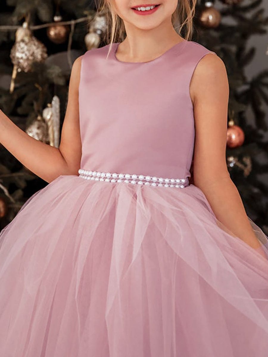Robe Enfant d'Honneur en Satin avec Tulle Brodé et Nœud dans le Dos #Couleur_Rose corail