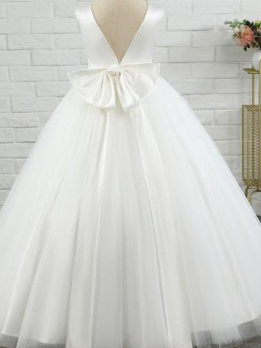 Robe Enfant d'Honneur en Satin avec Tulle Brodé et Nœud dans le Dos #Couleur_Rose corail Robe Enfant d'Honneur en Satin avec Tulle Brodé et Nœud dans le Dos