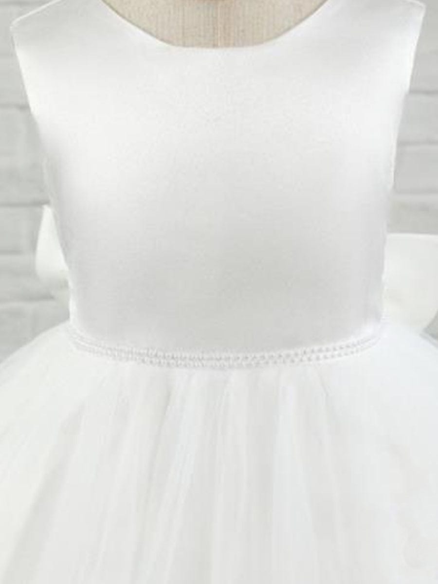 Robe Enfant d'Honneur en Satin avec Tulle Brodé et Nœud dans le Dos #Couleur_Blanc