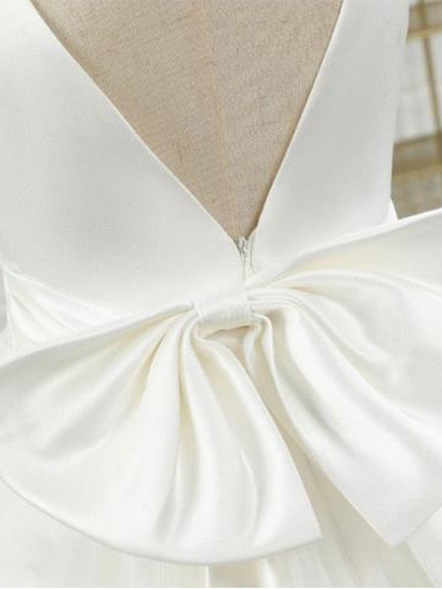 Robe Enfant d'Honneur en Satin avec Tulle Brodé et Nœud dans le Dos #Couleur_Blanc