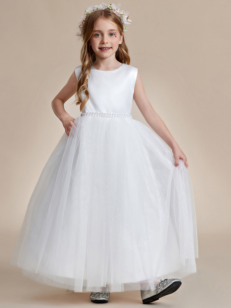 Robe Enfant d'Honneur en Satin avec Tulle Brodé et Nœud dans le Dos #Couleur_Blanc