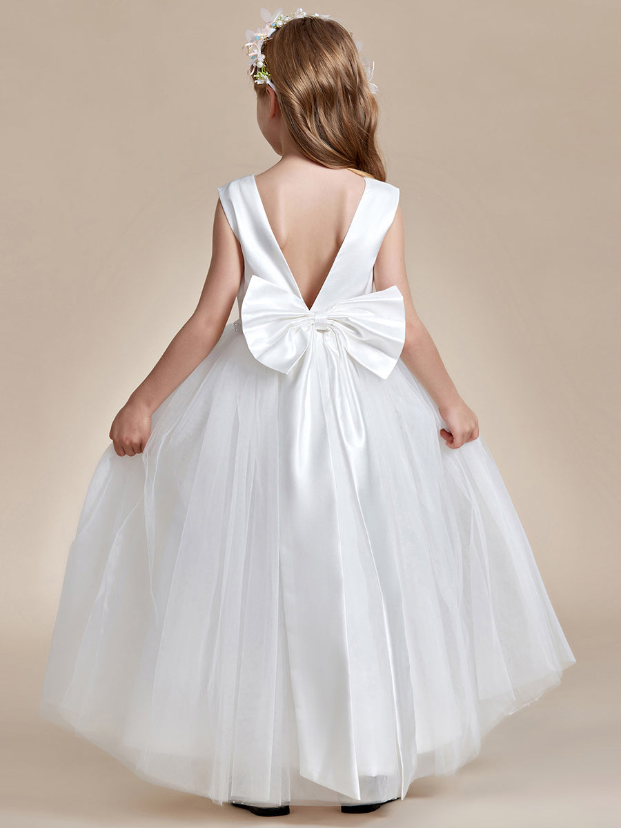 Robe Enfant d'Honneur en Satin avec Tulle Brodé et Nœud dans le Dos #Couleur_Blanc