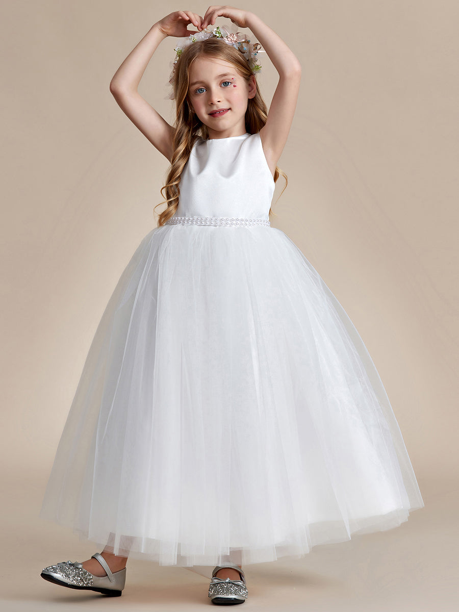 Robe Enfant d'Honneur en Satin avec Tulle Brodé et Nœud dans le Dos #Couleur_Blanc