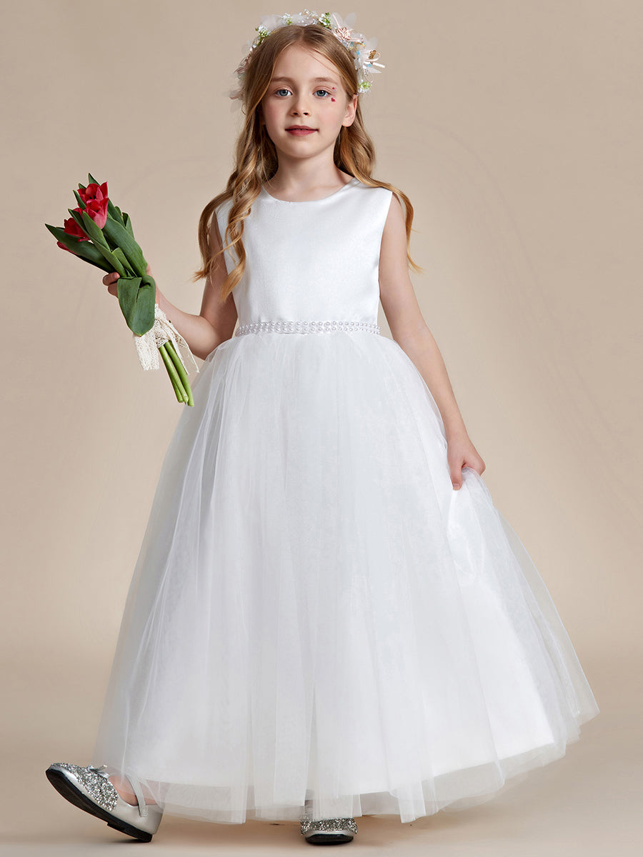 Robe Enfant d'Honneur en Satin avec Tulle Brodé et Nœud dans le Dos #Couleur_Blanc