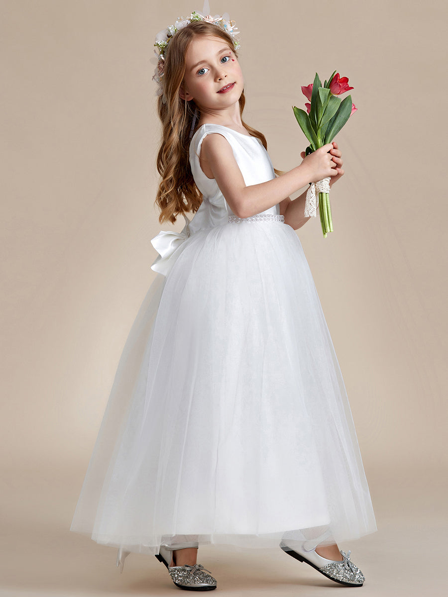 Robe Enfant d'Honneur en Satin avec Tulle Brodé et Nœud dans le Dos #Couleur_Blanc