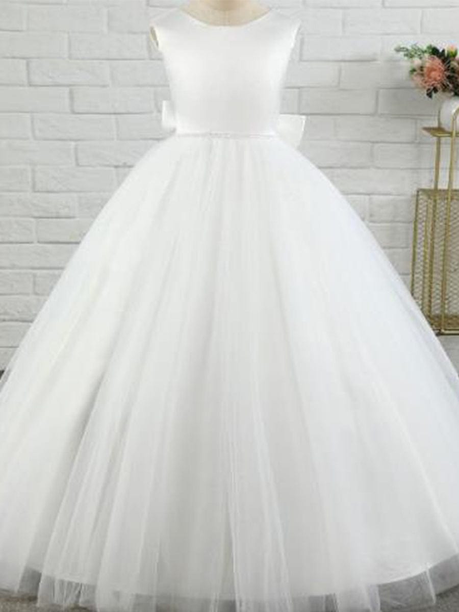 Robe Enfant d'Honneur en Satin avec Tulle Brodé et Nœud dans le Dos #Couleur_Rose corail Robe Enfant d'Honneur en Satin avec Tulle Brodé et Nœud dans le Dos