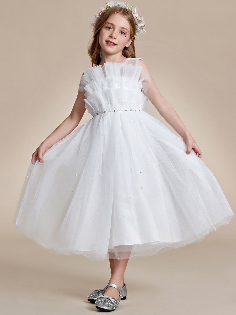 Robe Enfant d'Honneur Brillante avec couche de tulle sur la poitrine princesse #couleur_Blanc