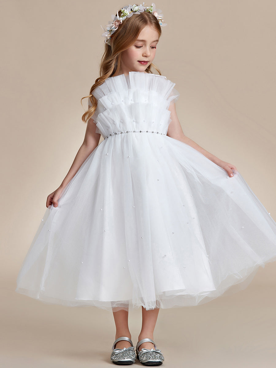 Robe Enfant d'Honneur Brillante avec couche de tulle sur la poitrine princesse #couleur_Blanc