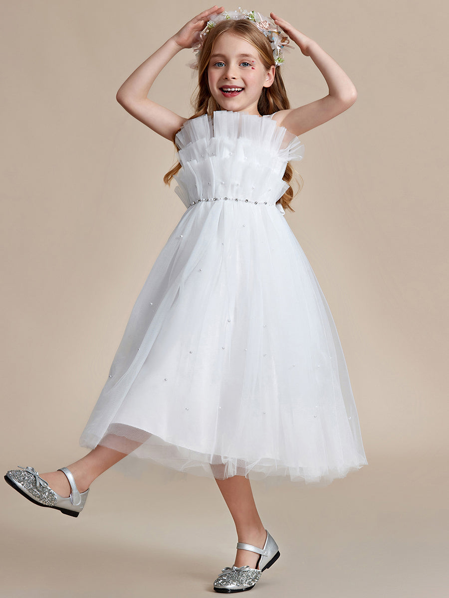 Robe Enfant d'Honneur Brillante avec couche de tulle sur la poitrine princesse #couleur_Blanc