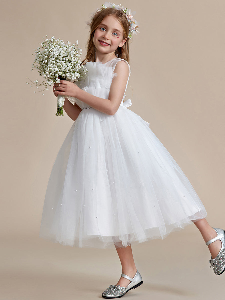Robe Enfant d'Honneur Brillante avec couche de tulle sur la poitrine princesse #couleur_Blanc