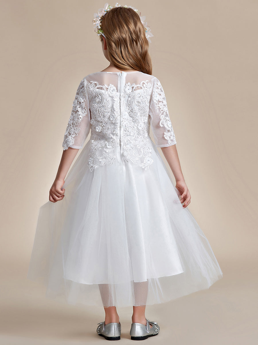 Robe Enfant d'Honneur en dentelle brodée et tulle avec manches mi-longues #couleur_Blanc Robe Enfant d'Honneur en dentelle brodée et tulle avec manches mi-longues